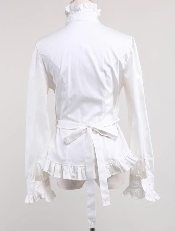 White Lolita Blouse Cotton Long Sleeves High Collar Ruffles Lolita Top - Image 8