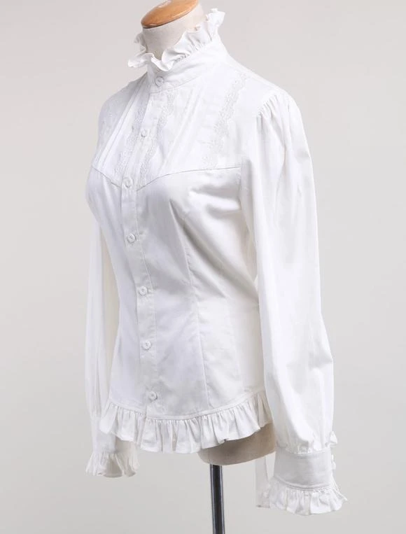 White Lolita Blouse Cotton Long Sleeves High Collar Ruffles Lolita Top - Image 6