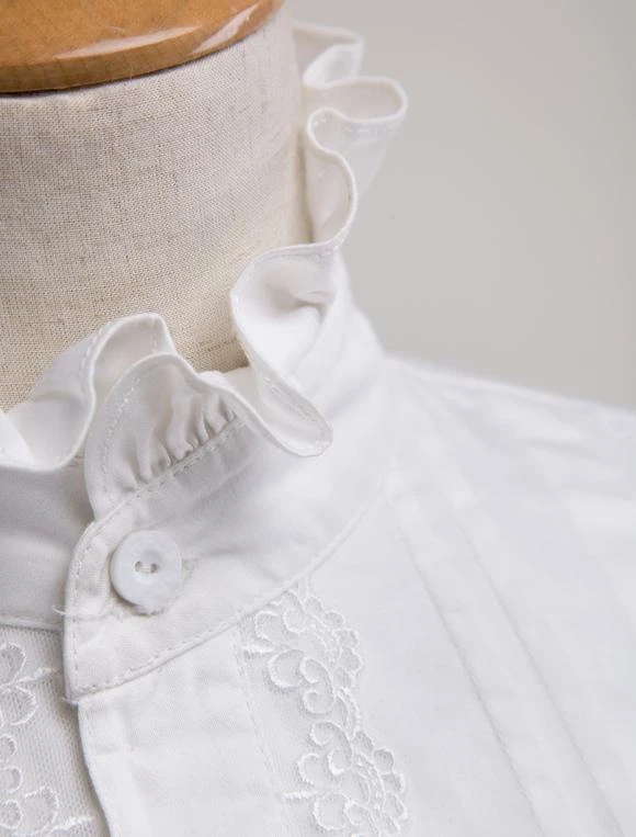 White Lolita Blouse Cotton Long Sleeves High Collar Ruffles Lolita Top - Image 3