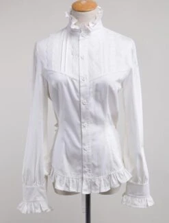 White Lolita Blouse Cotton Long Sleeves High Collar Ruffles Lolita Top
