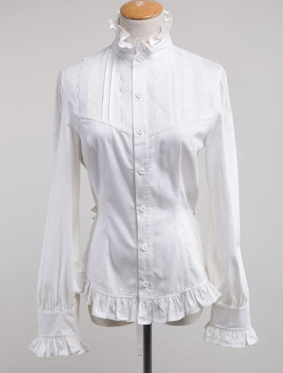 White Lolita Blouse Cotton Long Sleeves High Collar Ruffles Lolita Top