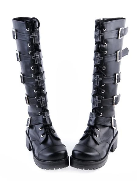 Lolitashow Gothic Black Lolita Boots Square Heels Platform Shoelace Straps Buckles - Image 7