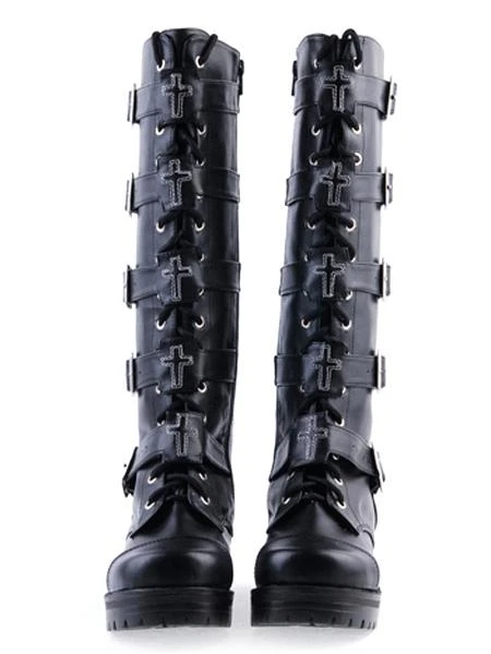 Lolitashow Gothic Black Lolita Boots Square Heels Platform Shoelace Straps Buckles - Image 6