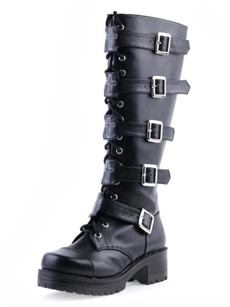 Lolitashow Gothic Black Lolita Boots Square Heels Platform Shoelace Straps Buckles - Image 5