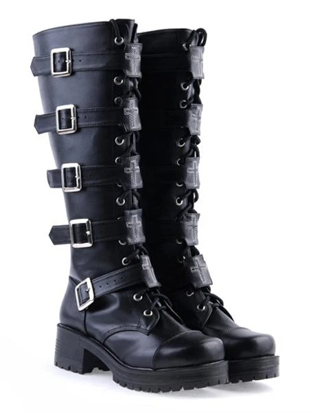 Lolitashow Gothic Black Lolita Boots Square Heels Platform Shoelace Straps Buckles - Image 4