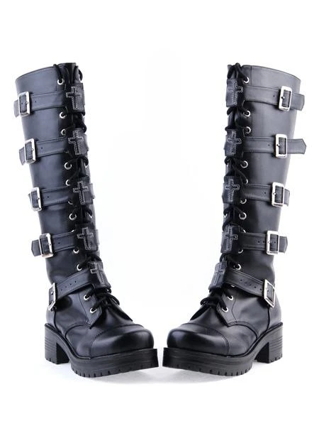 Lolitashow Gothic Black Lolita Boots Square Heels Platform Shoelace Straps Buckles - Image 3