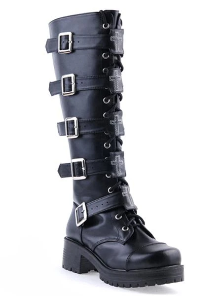 Lolitashow Gothic Black Lolita Boots Square Heels Platform Shoelace Straps Buckles - Image 2