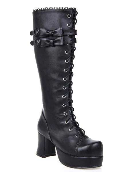 Lolitashow Black Lolita Boots Chunky Heels Platform Shoelace Straps Bows - Image 2