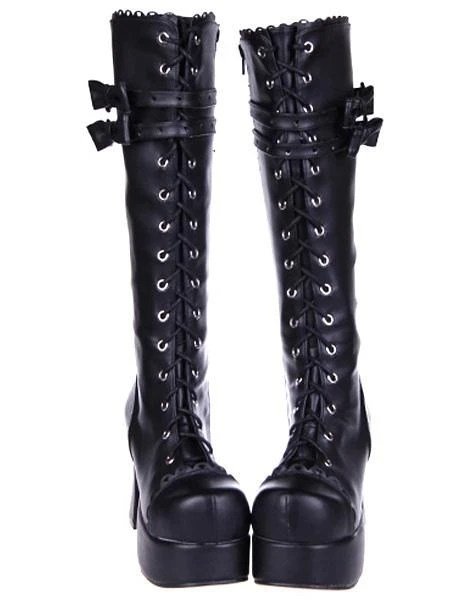 Lolitashow Black Lolita Boots Chunky Heels Platform Shoelace Straps Bows - Image 3