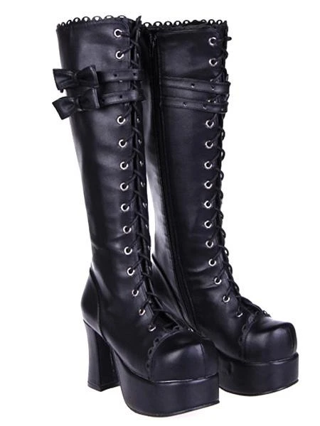 Lolitashow Black Lolita Boots Chunky Heels Platform Shoelace Straps Bows - Image 4