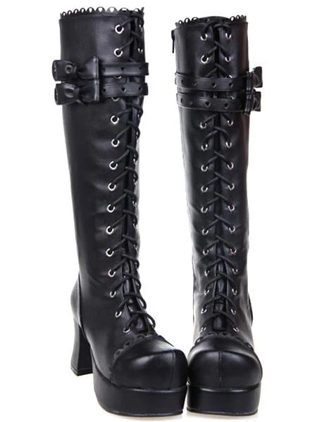 Lolitashow Black Lolita Boots Chunky Heels Platform Shoelace Straps Bows - Image 5