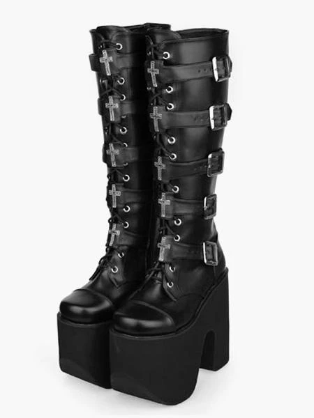 Gothic Lolita Platform Shoes Black Lolita Boots High Platform Buckles Cross Print For Halloween Black Friday - Image 2