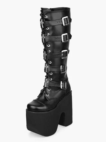 Gothic Lolita Platform Shoes Black Lolita Boots High Platform Buckles Cross Print For Halloween Black Friday - Image 3