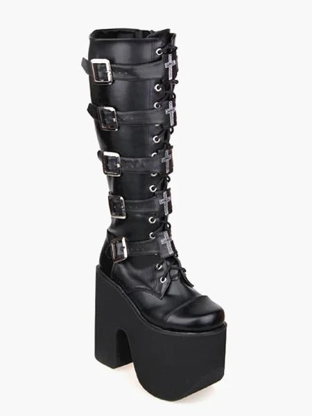 Gothic Lolita Platform Shoes Black Lolita Boots High Platform Buckles Cross Print For Halloween Black Friday - Image 4