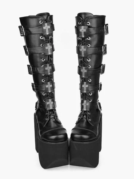 Gothic Lolita Platform Shoes Black Lolita Boots High Platform Buckles Cross Print For Halloween Black Friday