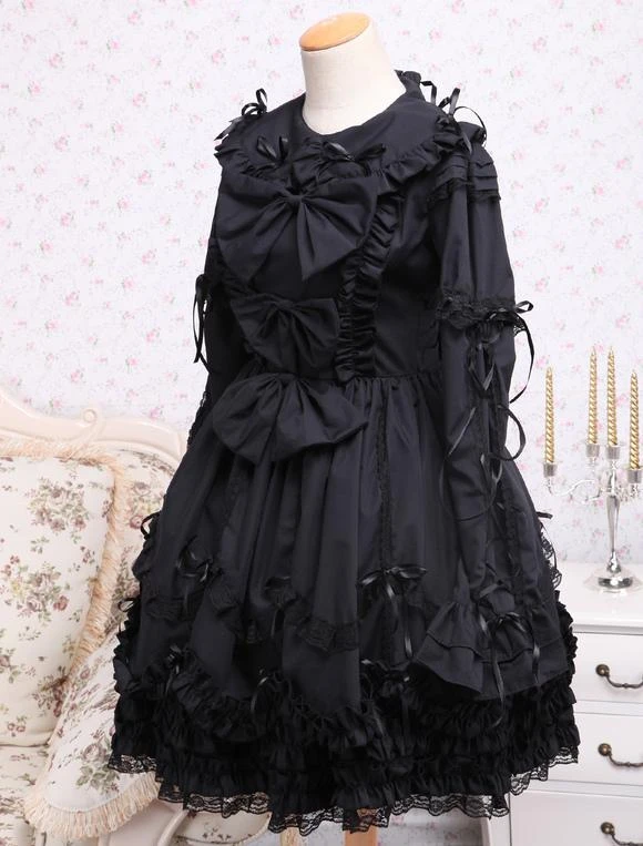 Lolitashow Elegant Gothic Black Cotton Lolita OP Dress Long Sleeves Lace Trim Bows Ruffles - Image 2