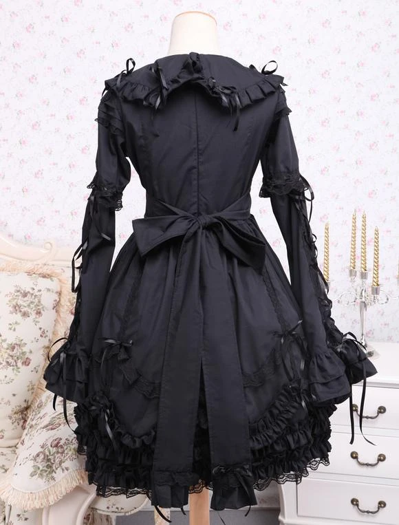 Lolitashow Elegant Gothic Black Cotton Lolita OP Dress Long Sleeves Lace Trim Bows Ruffles - Image 3