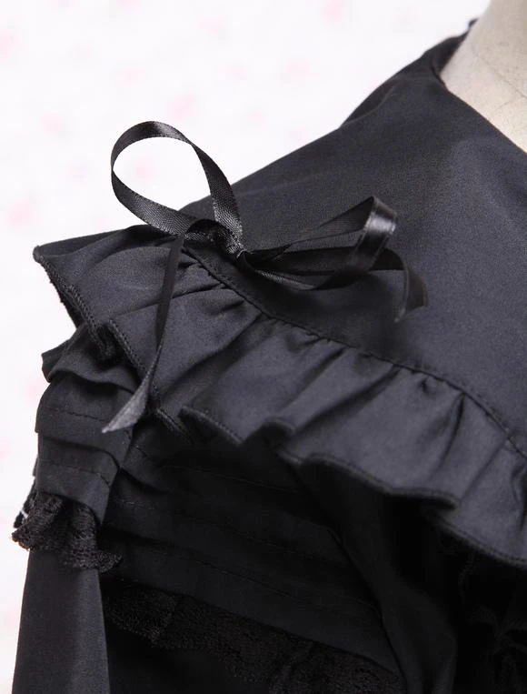 Lolitashow Elegant Gothic Black Cotton Lolita OP Dress Long Sleeves Lace Trim Bows Ruffles - Image 4
