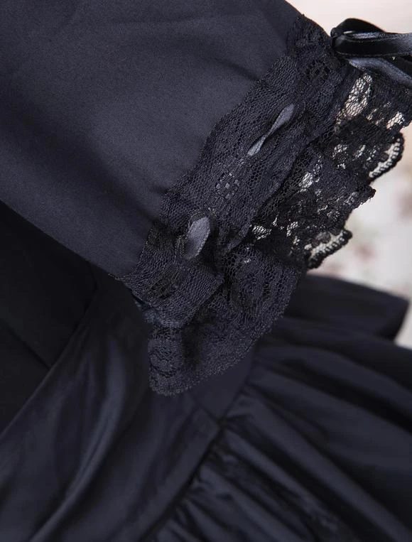 Lolitashow Elegant Gothic Black Cotton Lolita OP Dress Long Sleeves Lace Trim Bows Ruffles - Image 5