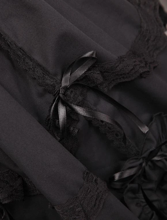 Lolitashow Elegant Gothic Black Cotton Lolita OP Dress Long Sleeves Lace Trim Bows Ruffles - Image 7