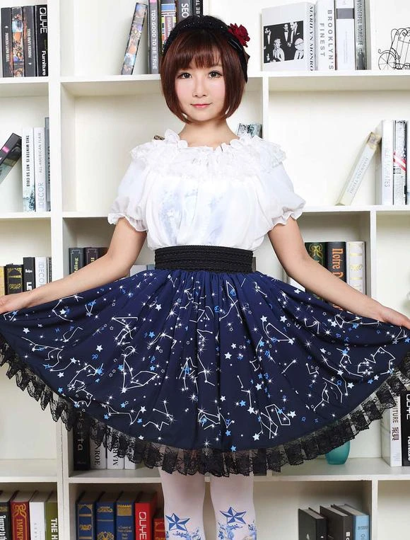 Lolitashow Sweet Lolita Dress Blue Constellation Printed Lolita Skirt With Black Lace Trim - Image 3