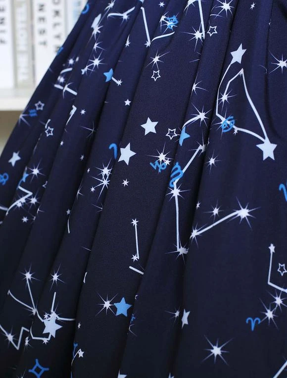 Lolitashow Sweet Lolita Dress Blue Constellation Printed Lolita Skirt With Black Lace Trim - Image 11