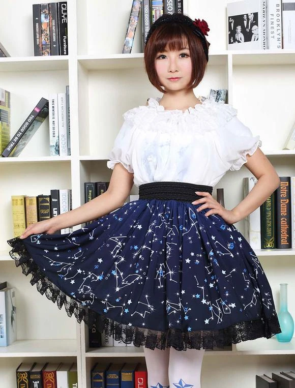 Lolitashow Sweet Lolita Dress Blue Constellation Printed Lolita Skirt With Black Lace Trim - Image 4
