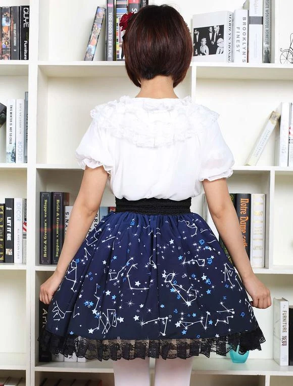 Lolitashow Sweet Lolita Dress Blue Constellation Printed Lolita Skirt With Black Lace Trim - Image 8