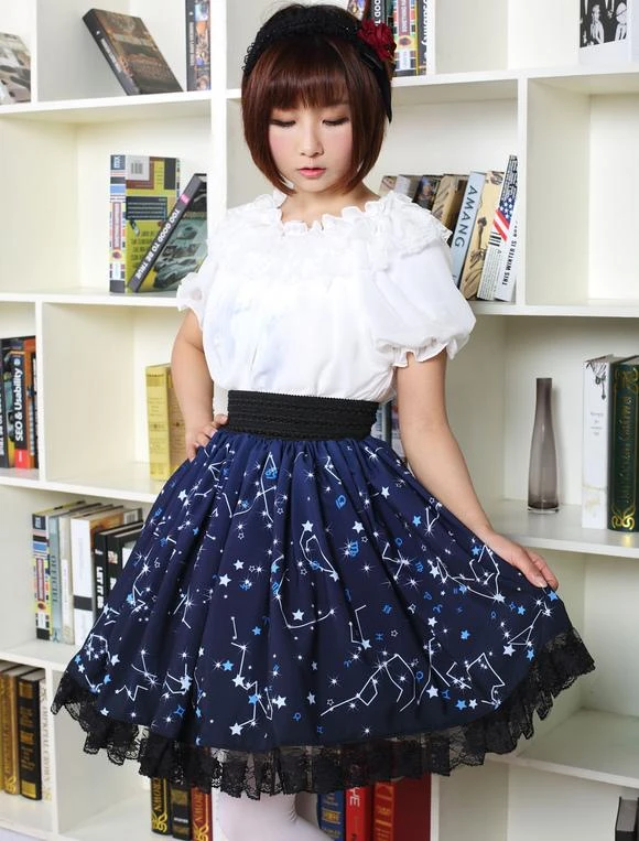 Lolitashow Sweet Lolita Dress Blue Constellation Printed Lolita Skirt With Black Lace Trim - Image 6