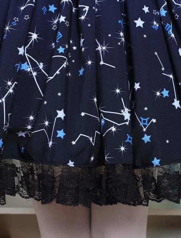 Lolitashow Sweet Lolita Dress Blue Constellation Printed Lolita Skirt With Black Lace Trim - Image 12