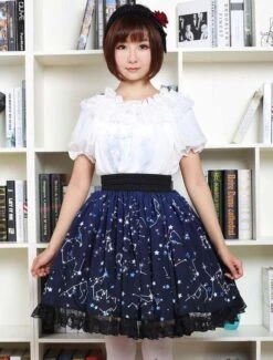Lolitashow Sweet Lolita Dress Blue Constellation Printed Lolita Skirt With Black Lace Trim