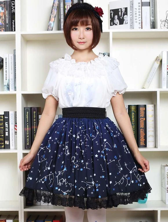 Lolitashow Sweet Lolita Dress Blue Constellation Printed Lolita Skirt With Black Lace Trim