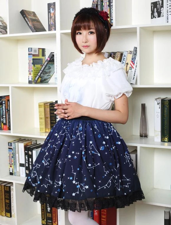Lolitashow Sweet Lolita Dress Blue Constellation Printed Lolita Skirt With Black Lace Trim - Image 5