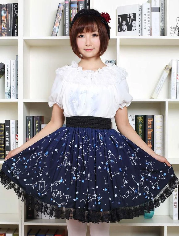Lolitashow Sweet Lolita Dress Blue Constellation Printed Lolita Skirt With Black Lace Trim - Image 2