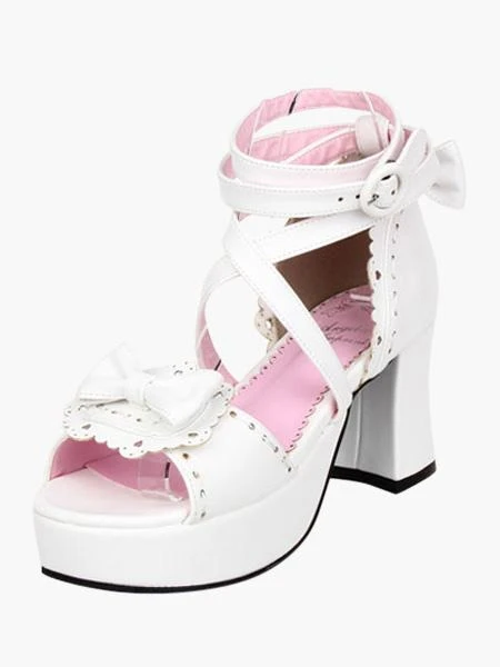 Lolitashow White Chunky Heel PU Platform Bow Ankle Strap Lolita Sandals