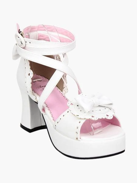 Lolitashow White Chunky Heel PU Platform Bow Ankle Strap Lolita Sandals - Image 2