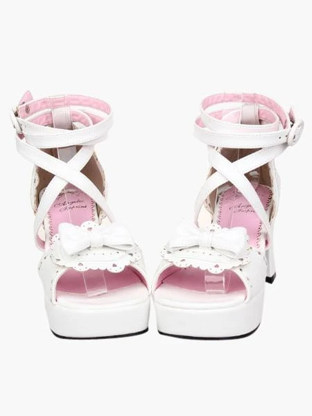 Lolitashow White Chunky Heel PU Platform Bow Ankle Strap Lolita Sandals - Image 3