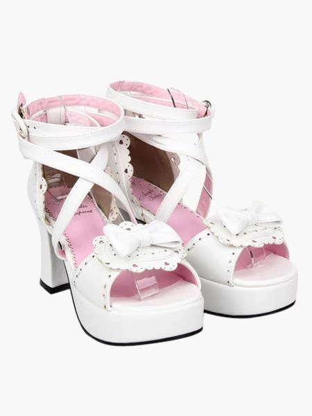 Lolitashow White Chunky Heel PU Platform Bow Ankle Strap Lolita Sandals - Image 5