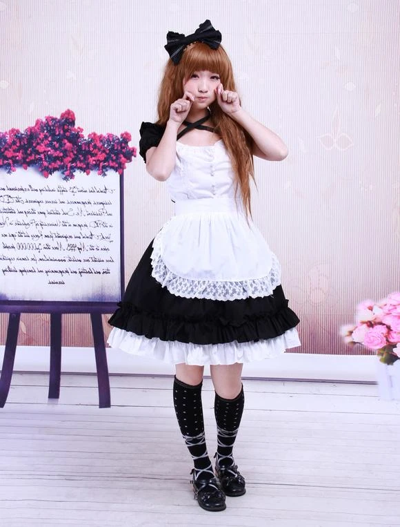 Lolitashow Sweet Black Cotton Maid Lolita One-piece White Apron Short Sleeves Lace Trim - Image 2