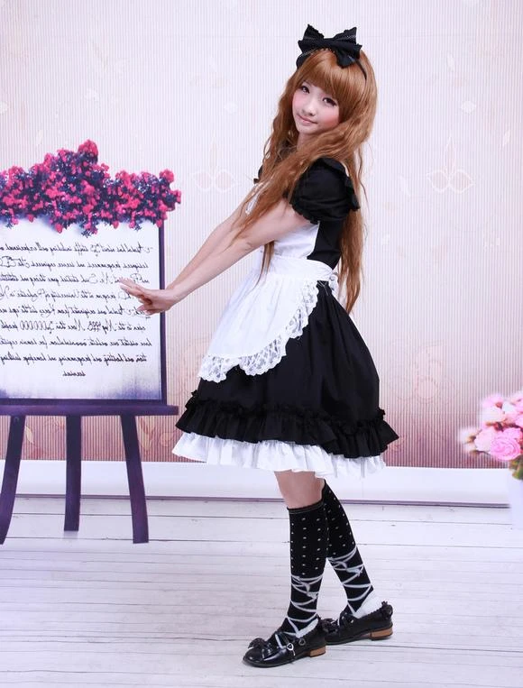 Lolitashow Sweet Black Cotton Maid Lolita One-piece White Apron Short Sleeves Lace Trim - Image 4