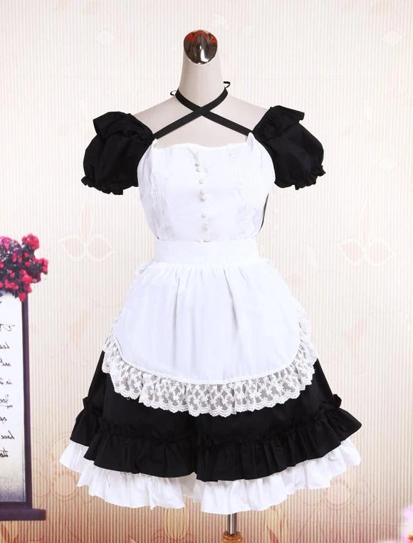 Lolitashow Sweet Black Cotton Maid Lolita One-piece White Apron Short Sleeves Lace Trim - Image 5