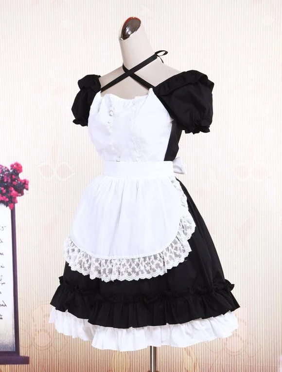 Lolitashow Sweet Black Cotton Maid Lolita One-piece White Apron Short Sleeves Lace Trim - Image 6