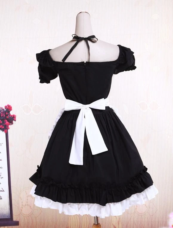 Lolitashow Sweet Black Cotton Maid Lolita One-piece White Apron Short Sleeves Lace Trim - Image 7