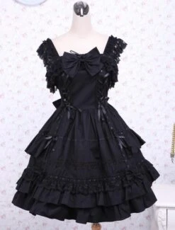 Lolitashow Gothic Lolita Dress JSK Black Ruffles Bow Lace Trim Lolita Jumper Skirt
