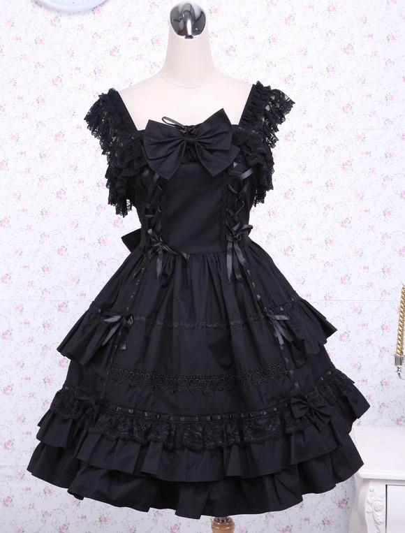Lolitashow Gothic Lolita Dress JSK Black Ruffles Bow Lace Trim Lolita Jumper Skirt