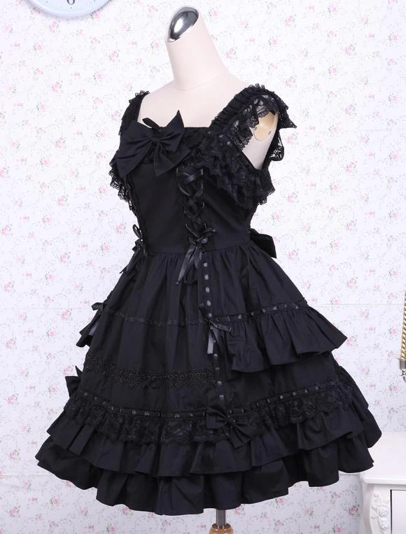 Lolitashow Gothic Lolita Dress JSK Black Ruffles Bow Lace Trim Lolita Jumper Skirt - Image 2