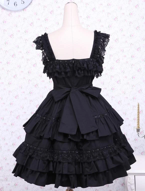 Lolitashow Gothic Lolita Dress JSK Black Ruffles Bow Lace Trim Lolita Jumper Skirt - Image 3