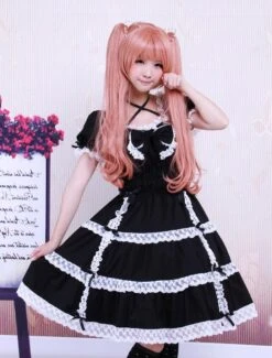 Lolitashow Cotton Black Lace Bow Short Sleeves Gothic Lolita Dress