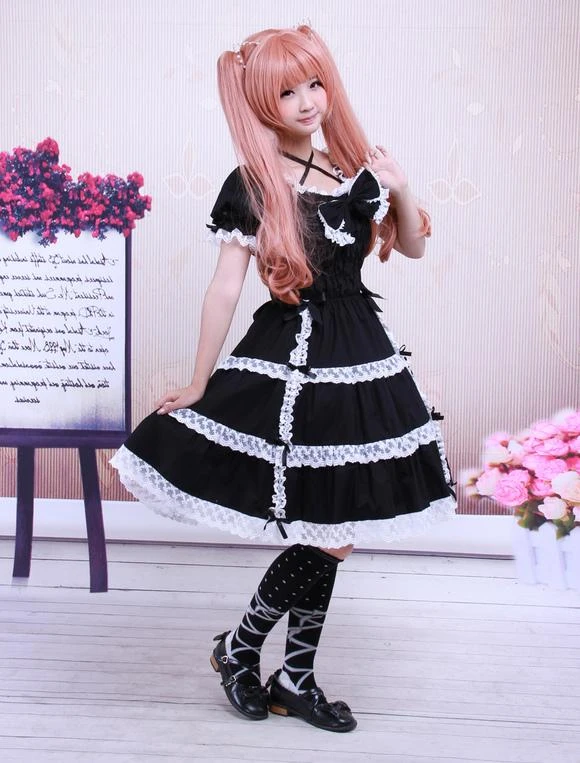 Lolitashow Cotton Black Lace Bow Short Sleeves Gothic Lolita Dress - Image 3