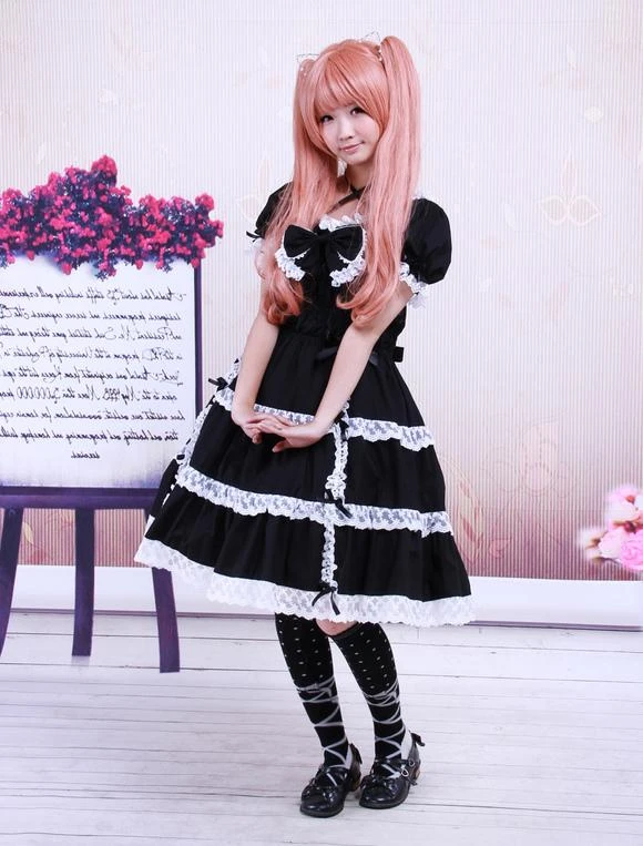 Lolitashow Cotton Black Lace Bow Short Sleeves Gothic Lolita Dress - Image 4
